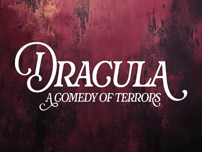 Poster with "Dracula: A Comedy of Terrors" in white script text on a dark red textured background.