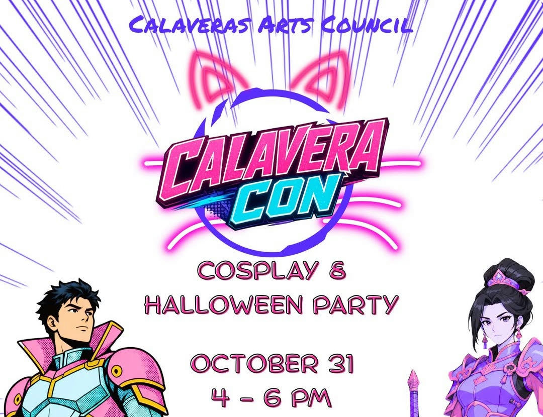 Poster for Calavera Con Cosplay & Halloween Party on October 31, 4-6 PM, featuring neon pink and blue anime-style graphics and illustrated characters.